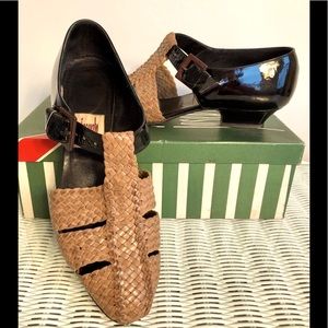 Neiman Marcus Italian black patent & taupe woven leather fisherman style. Sz 6.5